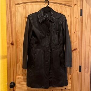 Jones New York Dark Brown Knee Length Leather Coat Size L.